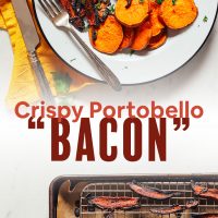 Baking sheet of vegan Portobello Mushroom "Bacon" alongside a plate with additional slices and roasted sweet potato