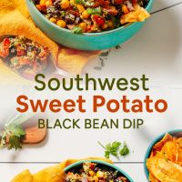 Side and top down shots of a bowl of our Sweet Potato Black Bean Dip recipe and a bowl of plantain chips