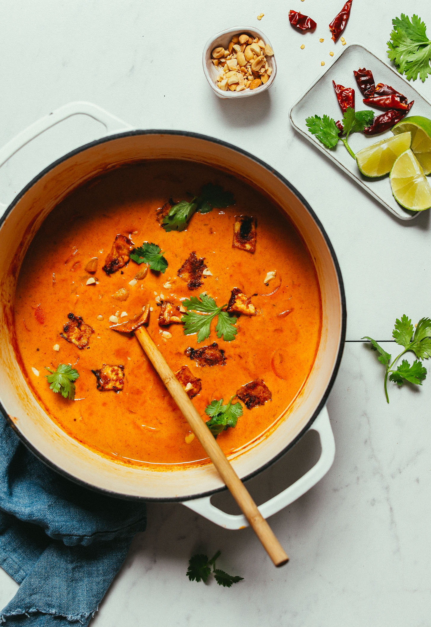 Wooden spoon resting in a pot of Massaman Curry topped with fresh cilantro