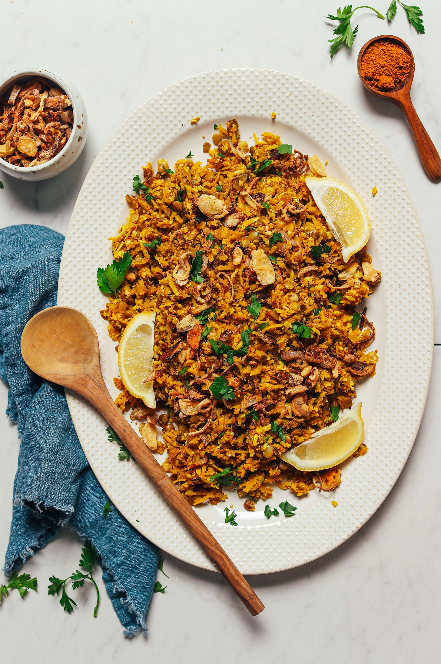 Platter of our Grain-Free Mujadara recipe