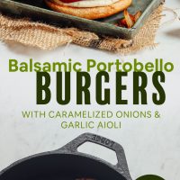 Herbed Portobello Burgers cooking in a pan and on buns on a try