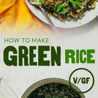Saucepan and plate of our homemade green rice recipe