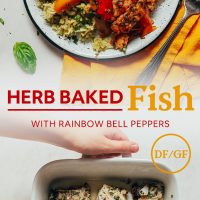 Baking pan of White Fish with fresh herbs and a plate of of it served over cauliflower rice with bell peppers
