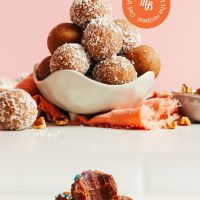 Images of vanilla and chocolate cake bites for our gluten-free Snack, Energy, & Protein Bite recipe roundup