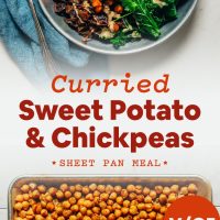 Bowl and pan filled with our Curried Sweet Potato Sheet Pan Dinner recipe