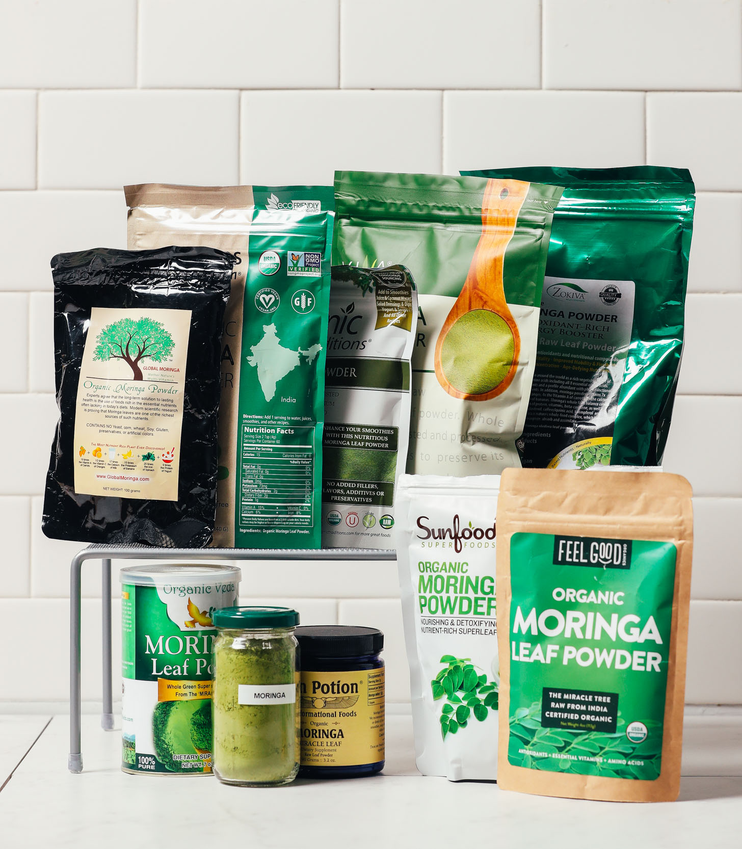 Assortment of moringa powder brands for our review of the best ones