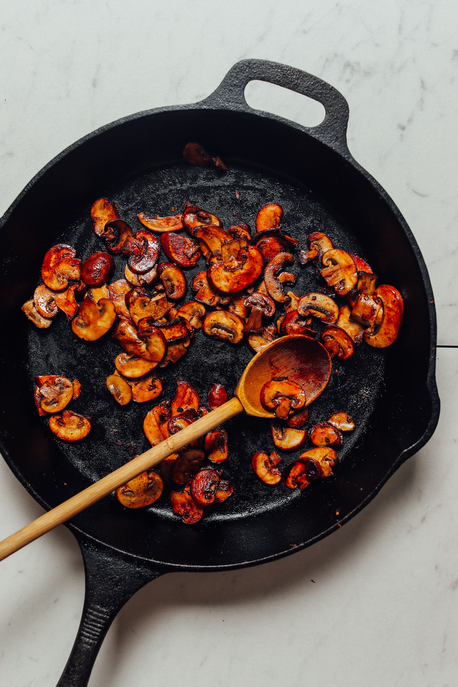 Skillet of sautéed mushrooms for making our homemade Vegan Sausage recipe