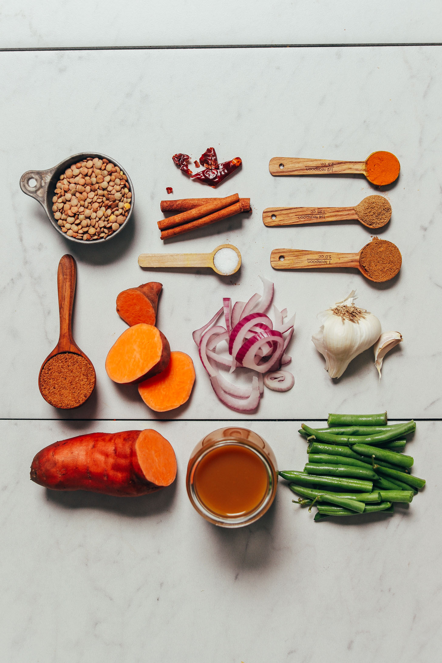 Green beans, garlic, sweet potato, and other ingredients for making our Spiced Lentil Soup recipe