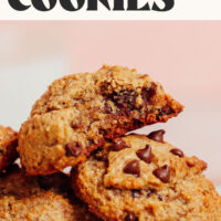 Banana chocolate chip cookies on a plate with text above that says 1 bowl and so fluffy