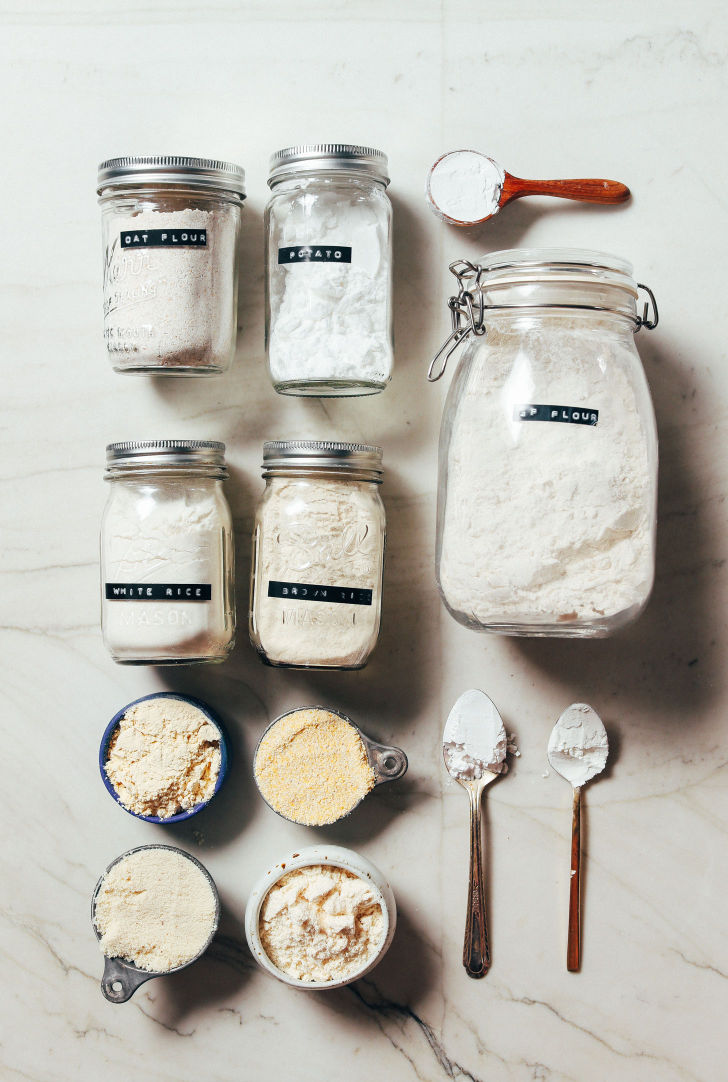 Assortment of gluten-free flours for our Guide to How to Stock Your Pantry