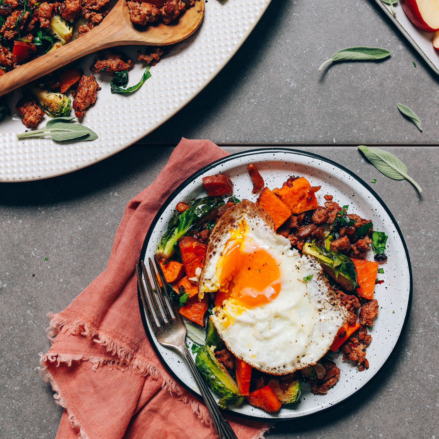 Plate of our Fall Breakfast Hash made with Brussels Sprouts and Sweet Potato