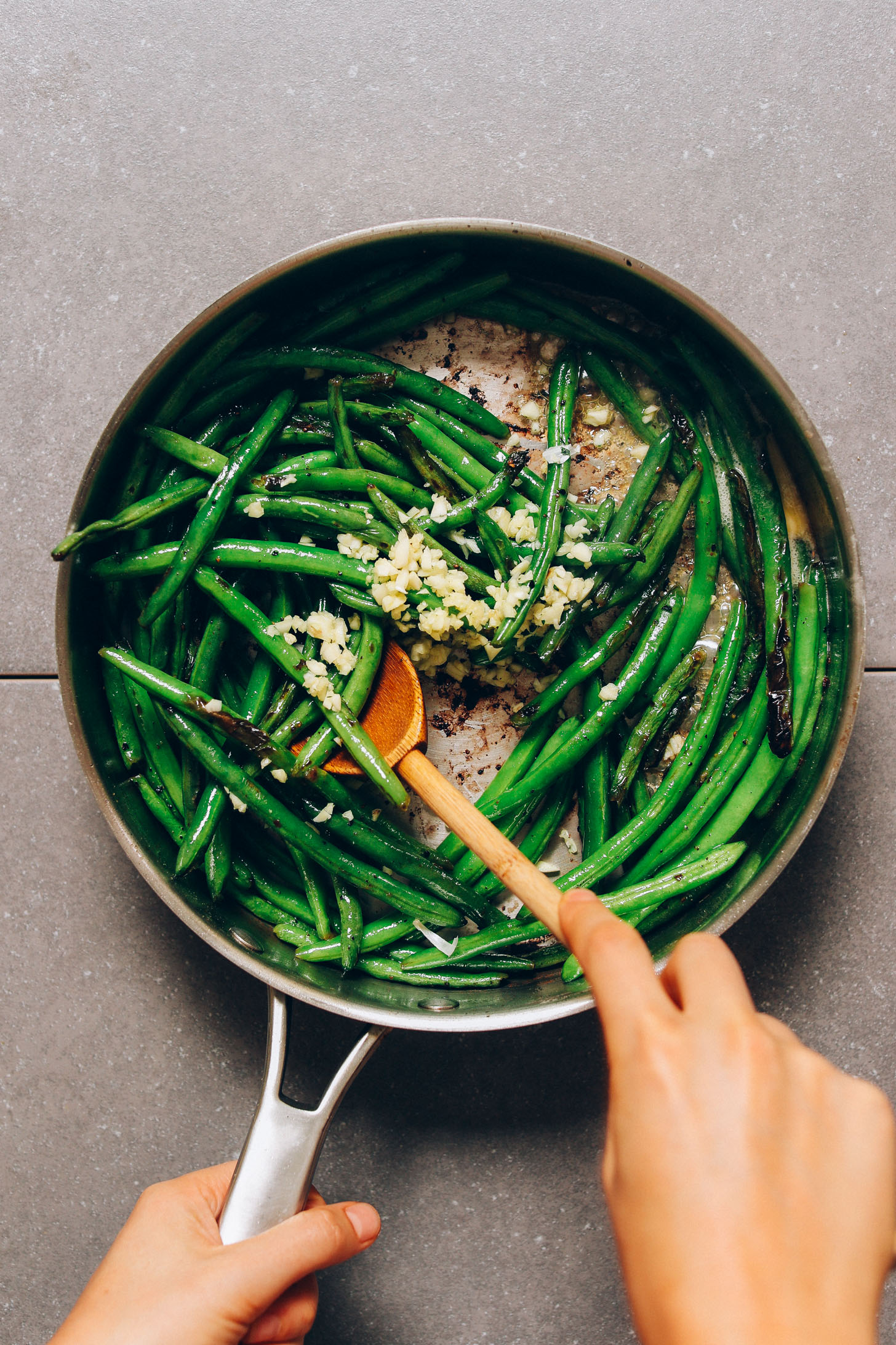 Pan of Green Beans with minced garlic