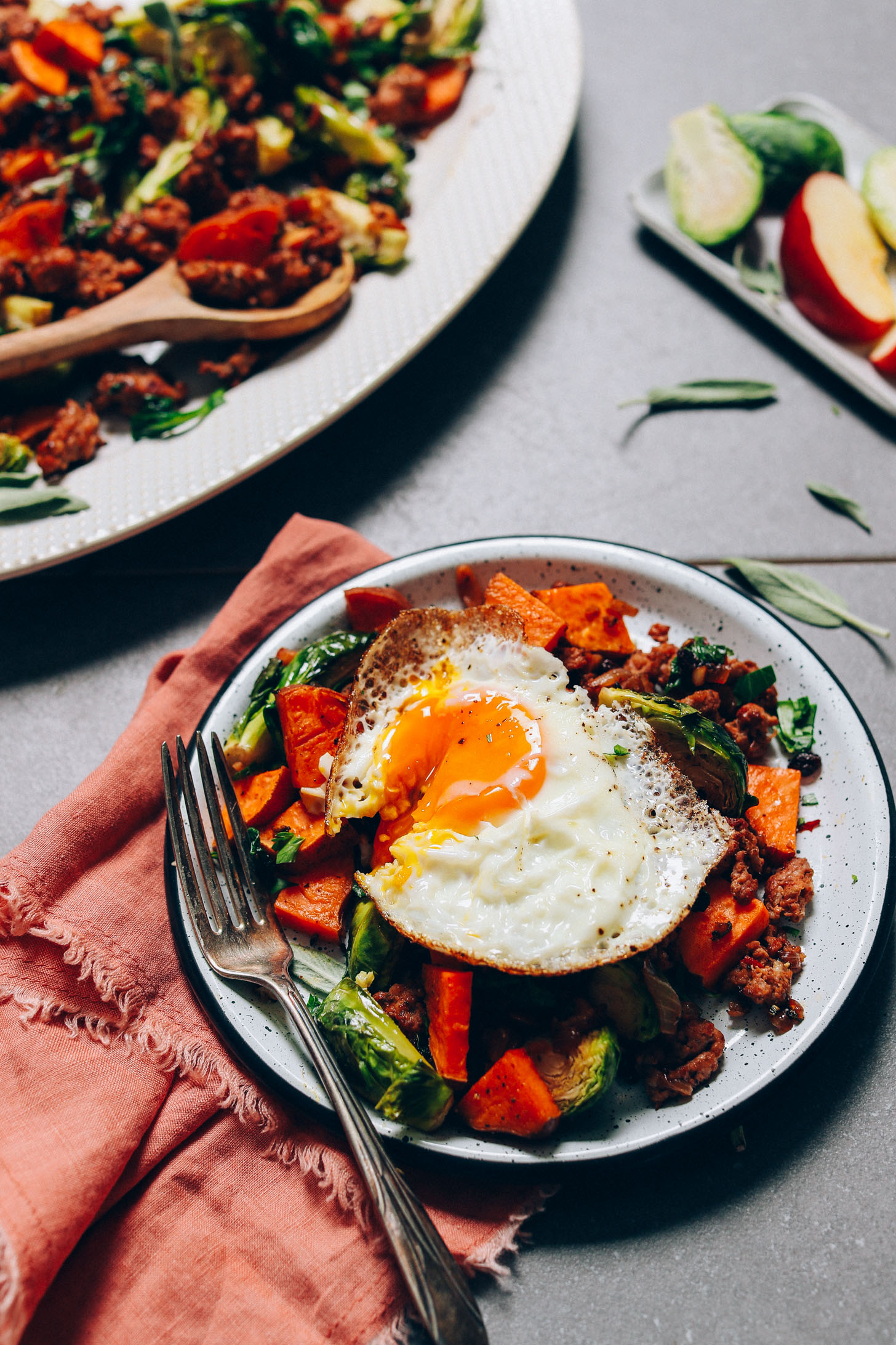 Sunny side up egg atop our Sweet Potato Breakfast Hash perfect for fall