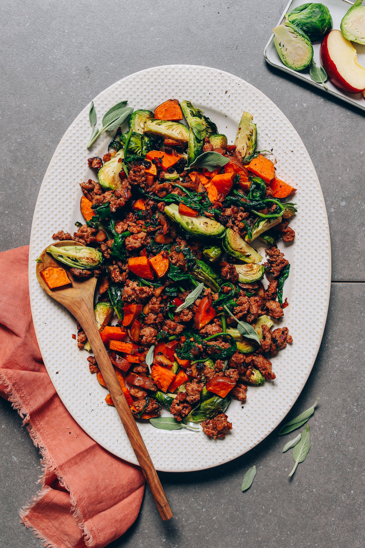 Platter of our Sweet Potato Hash made with Brussels sprouts and sausage