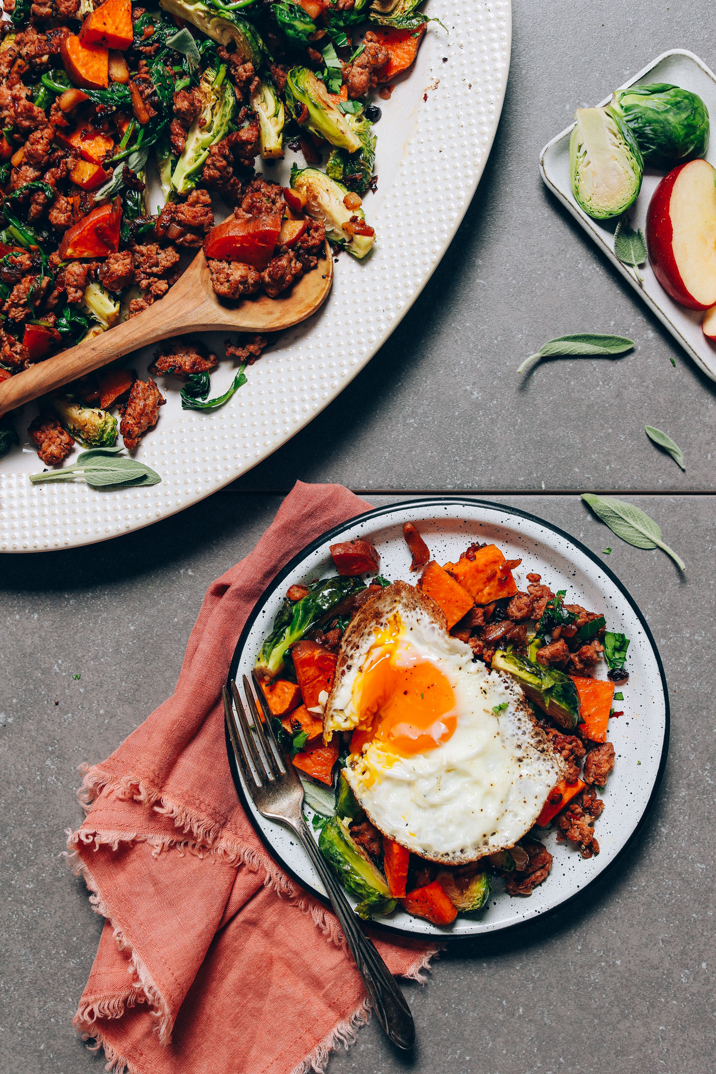 Platter and plate of Fall Hash made with Brussels Sprouts, Sausage, and Egg