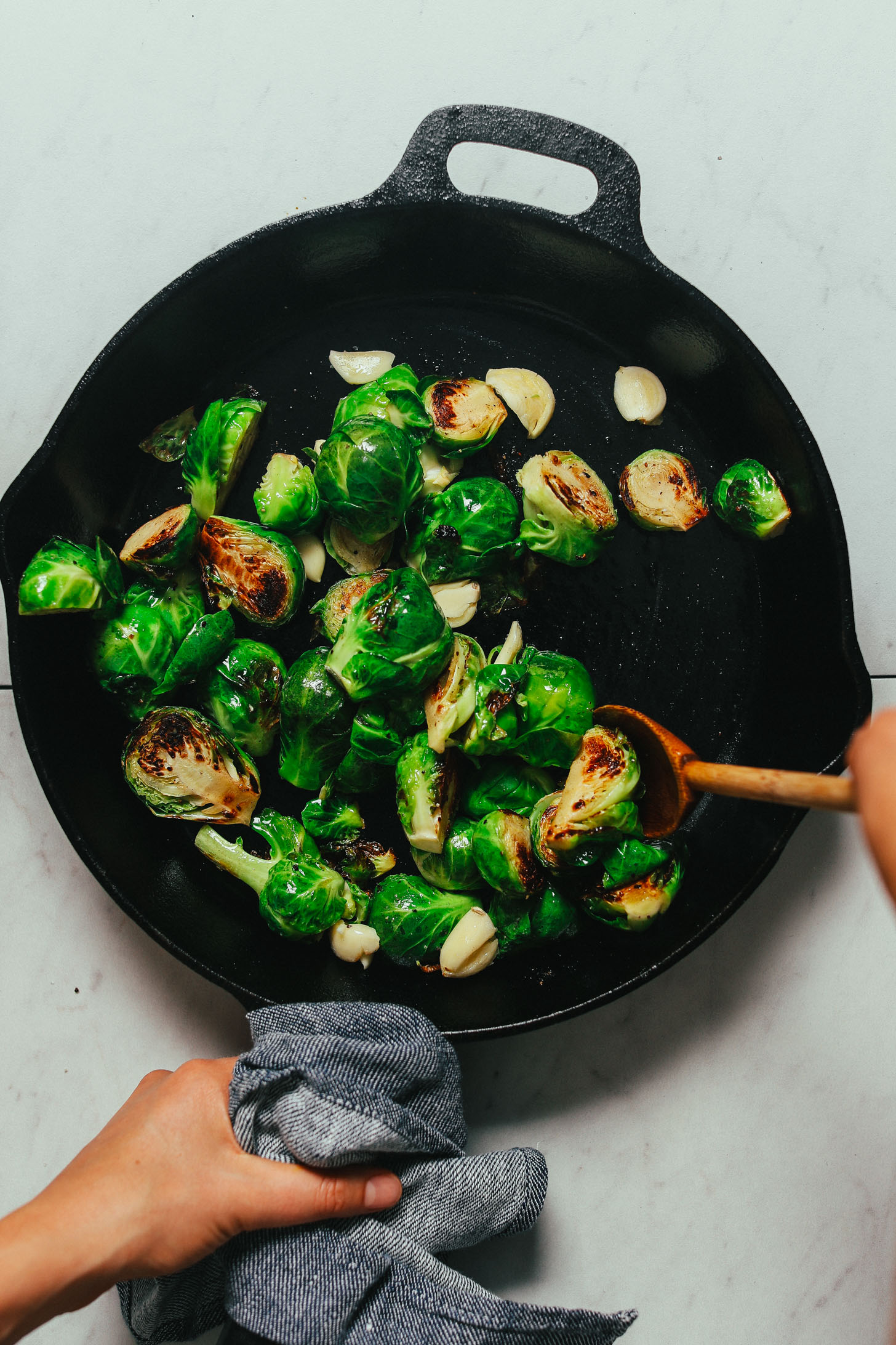 Skillet of Miso-Glazed Roasted Brussels Sprouts for a delicious Thanksgiving side