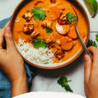 Bowl of rice and our vegan Massaman Curry