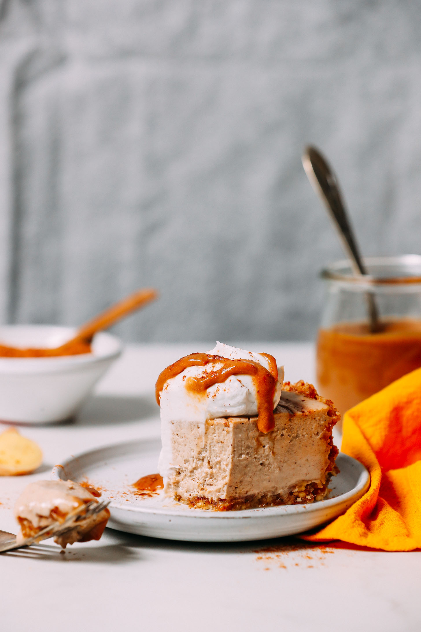 Partially eaten slice of No-Bake Vegan Cheesecake made with black tea and chai spices