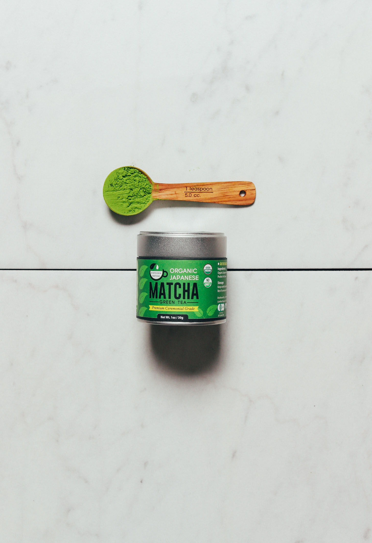 Spoonful and jar of our favorite ceremonial matcha brand