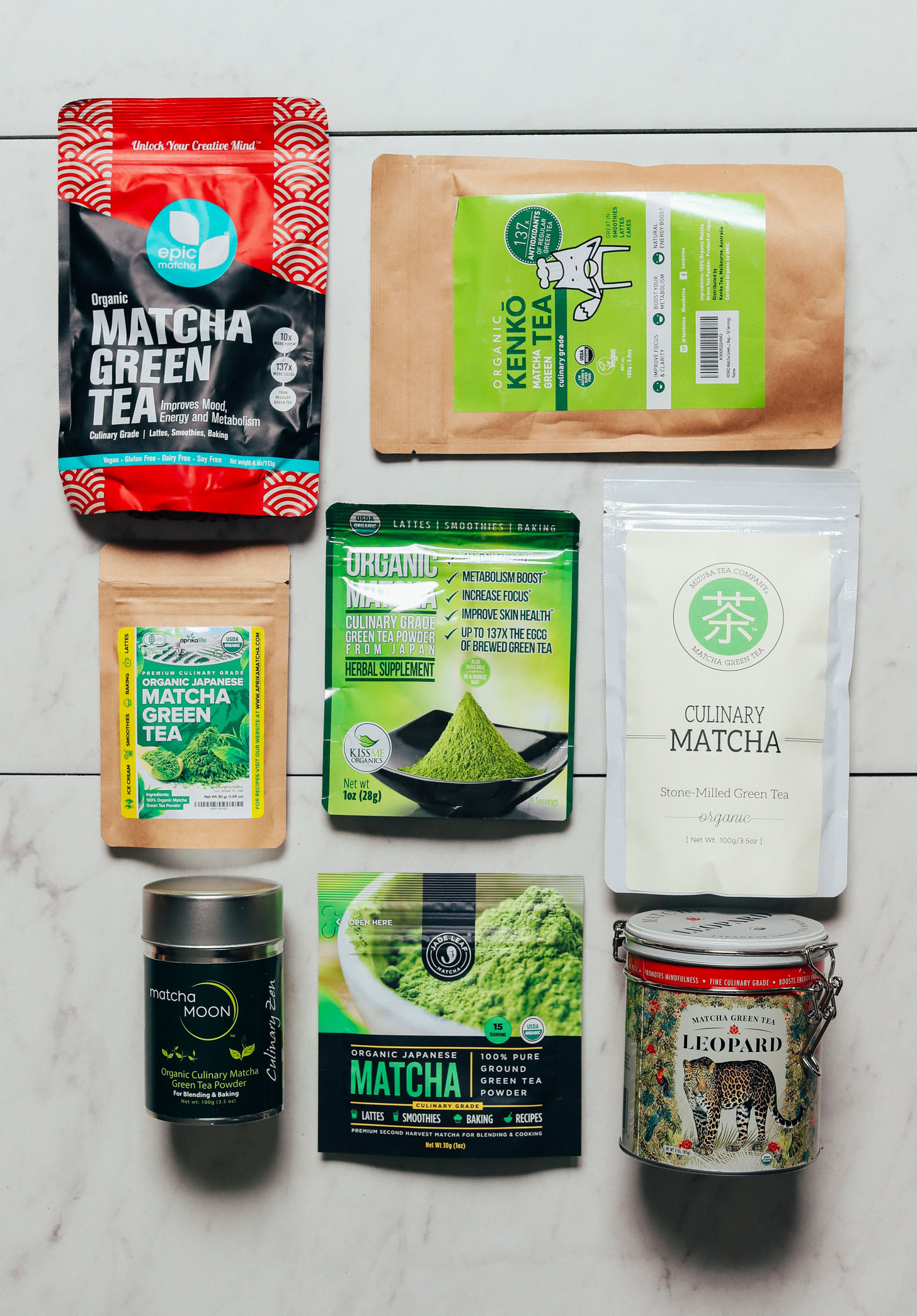 Packages of culinary matcha for our review of the best brands of matcha