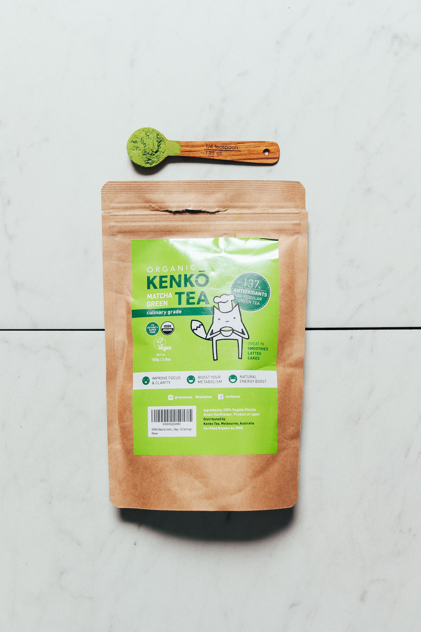 Spoonful and package of Kenko Culinary Matcha for our unbiased review of matcha brands