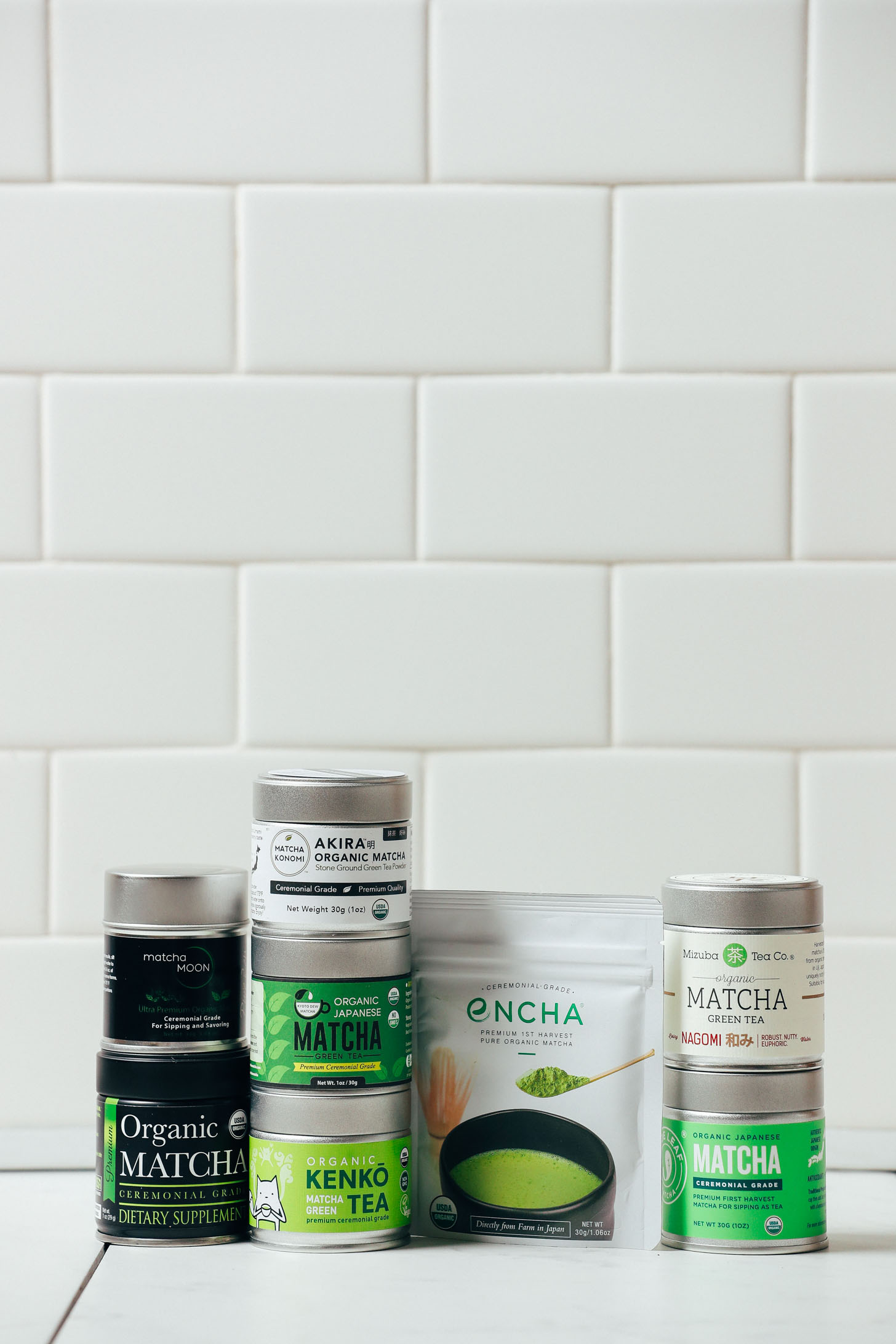Containers of ceremonial matchas for our review of the top brands of matcha