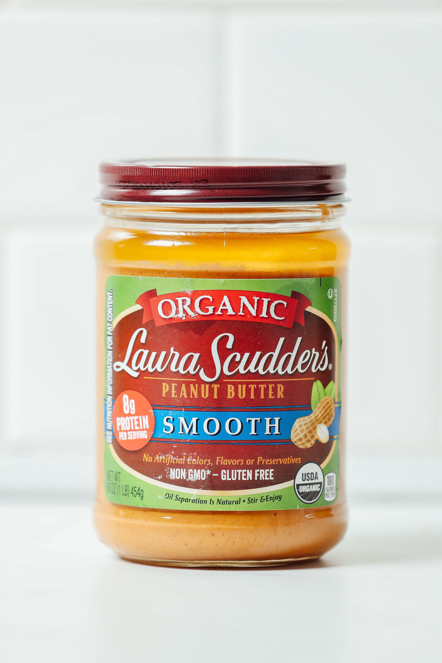 Jar of Laura Scudder's Organic Peanut Butter as part of our review of natural peanut butter brands