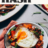 Plate of our fall breakfast hash made with Brussels sprouts and sweet potatoes