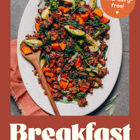 Platter of Brussels sprouts and sweet potato breakfast hash