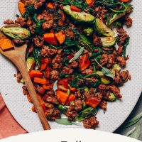 Platter of our Fall Breakfast Hash recipe made with sweet potatoes and Brussels sprouts