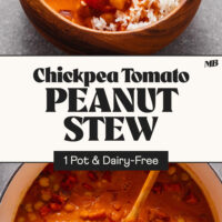 Bowl and Dutch oven of our Chickpea Tomato Peanut Stew with text between the photos that says 1 pot and dairy-free