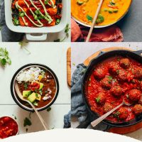 Assortment of recipe photos for our roundup of Freezer Friendly Plant-Based Dinner Recipes