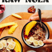 Hands holding a bowl of gluten-free 5-minute raw-nola topped with fresh fruit