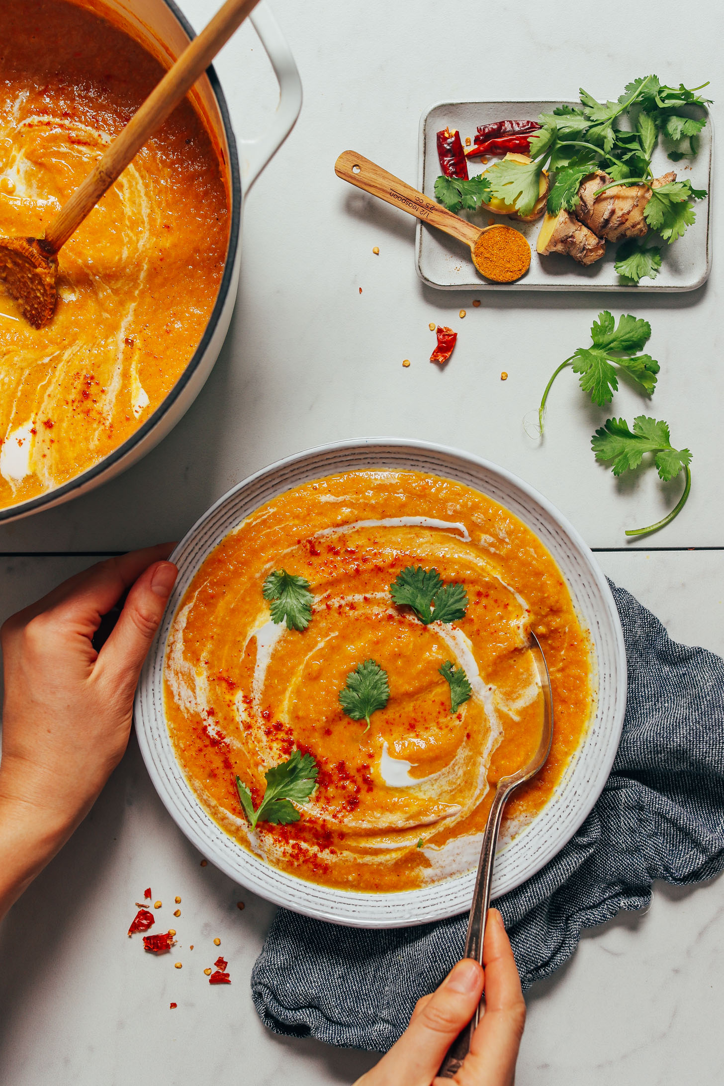 Spoon resting in a bowl of Curried Cauliflower Lentil Soup