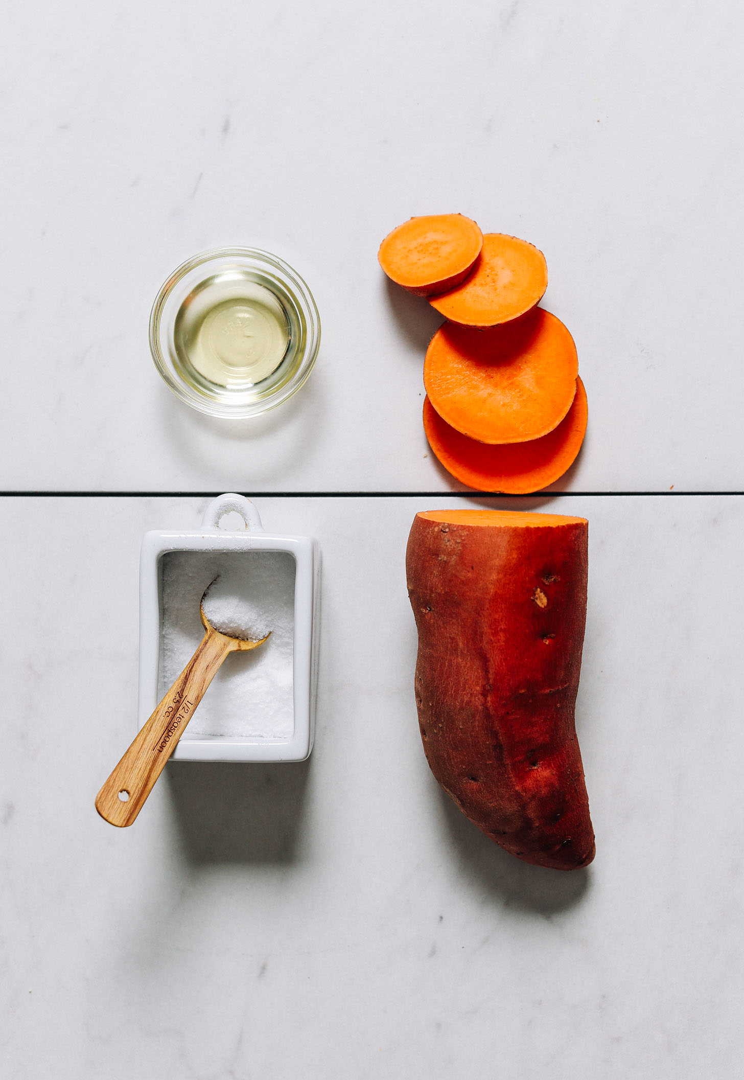Sliced sweet potato, avocado oil, and salt for making our easy sweet potatoes recipe