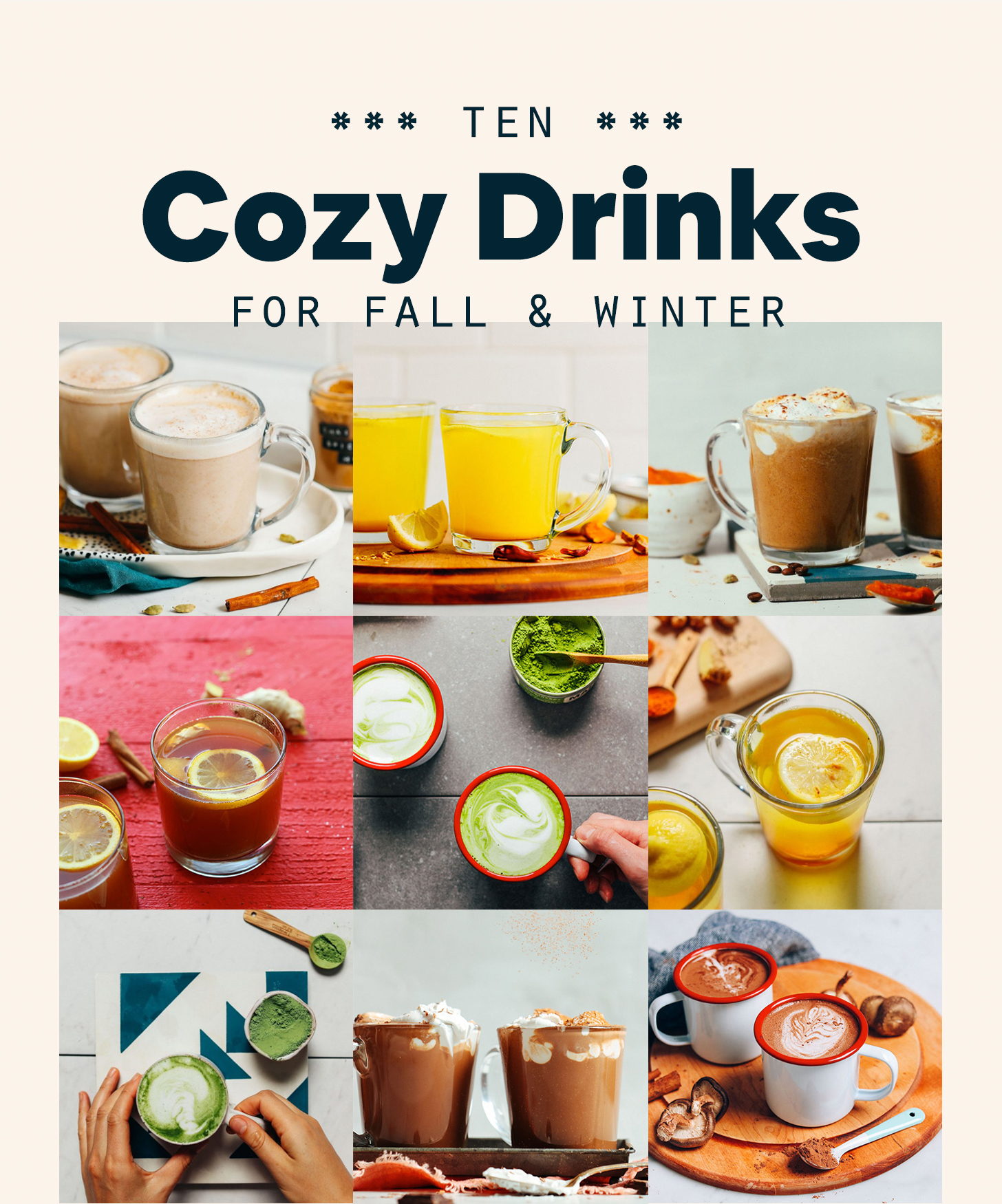 Assortment of recipe photos for our round-up of cozy drinks for fall and winter