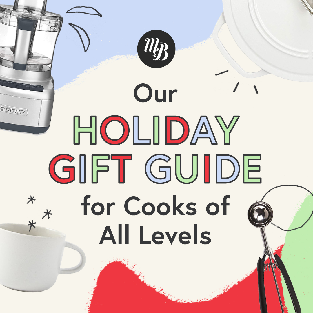 Food processor, mug, cookie scoop, and Dutch oven with text saying Our Holiday Gift Guide for Cooks of All Levels
