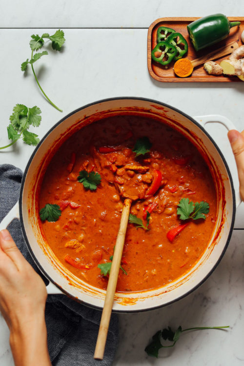 Wooden spoon resting in a pot of homemade Tikka Masala