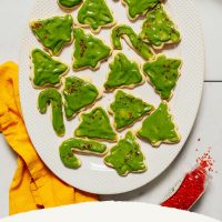 Platter of Grain-Free Christmas Cookies decorated with matcha frosting