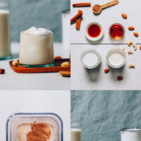 Photos of our easy vegan eggnog recipe in glasses, a blender, and the ingredients for making it