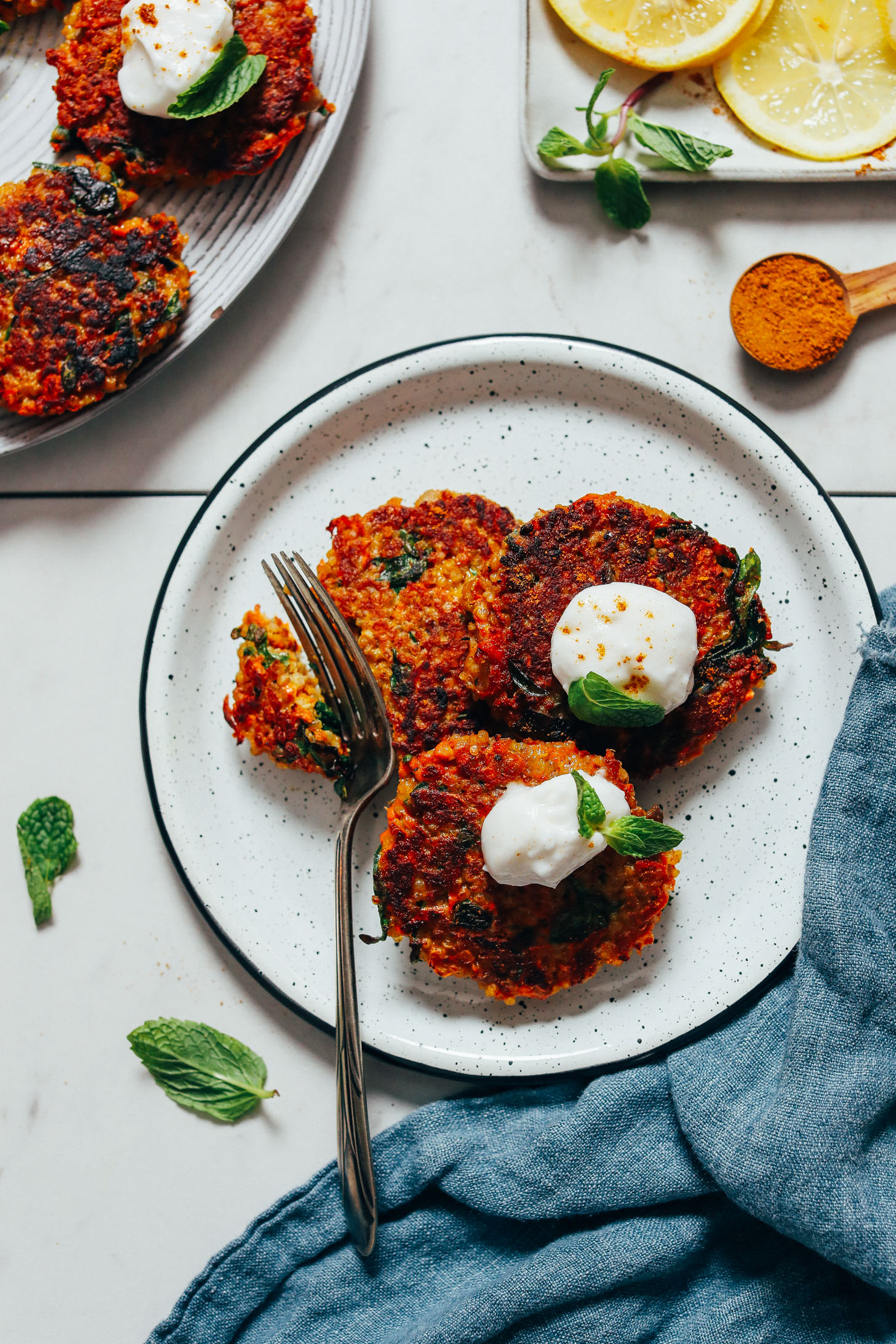 Vintage fork slicing into a Sweet Potato Quinoa Fritter