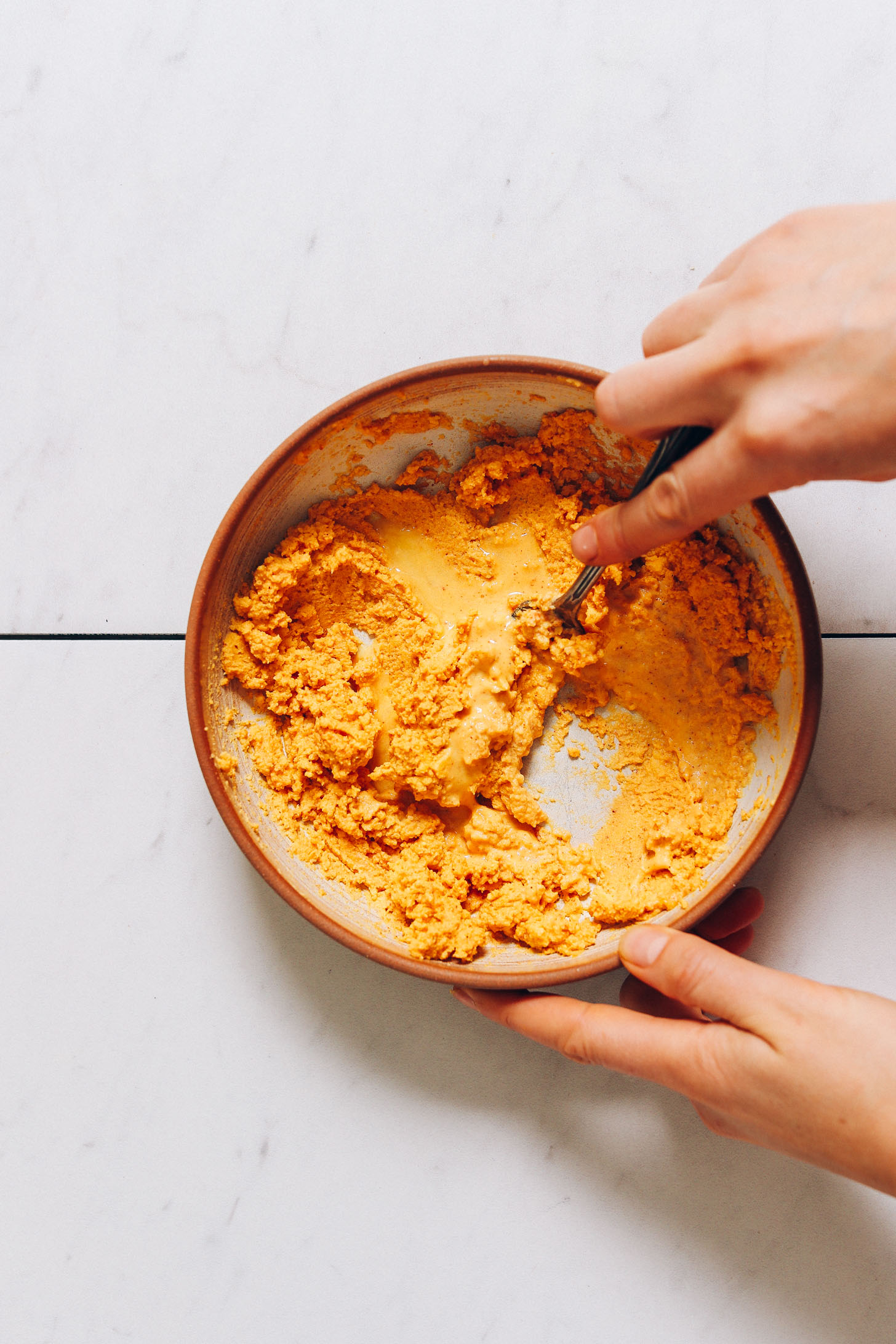 Mashing the filling for our Mayo-Free Deviled Eggs recipe