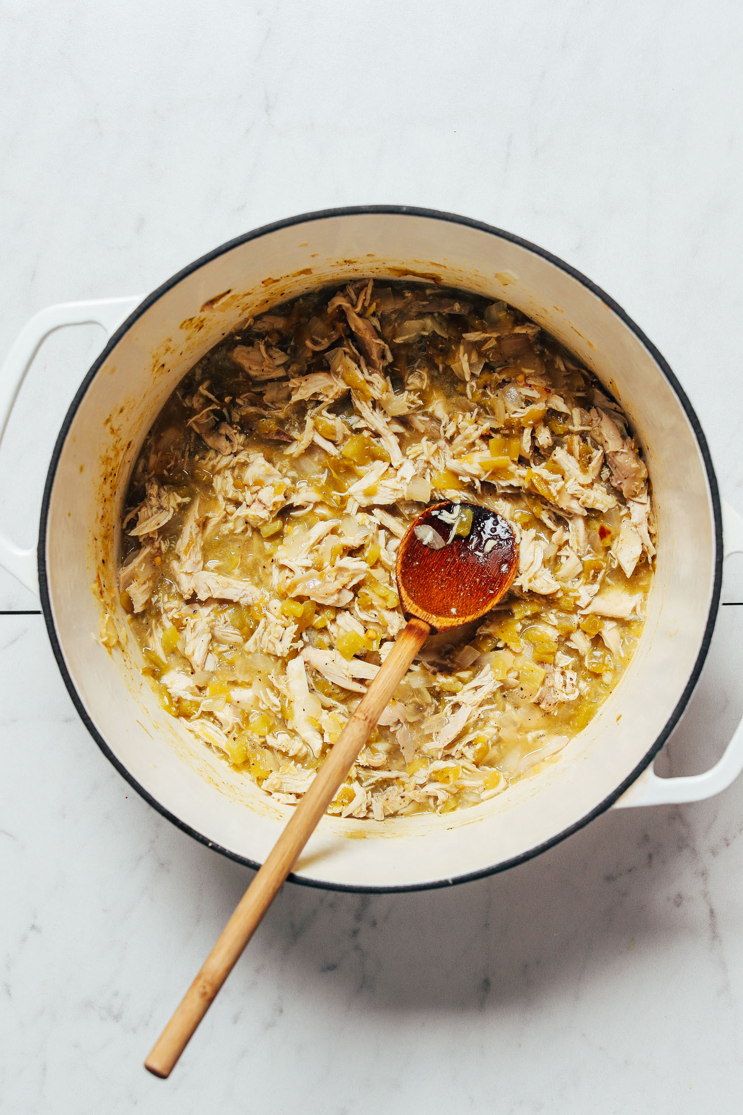 Pot of Green Chile Chicken filling for tamales
