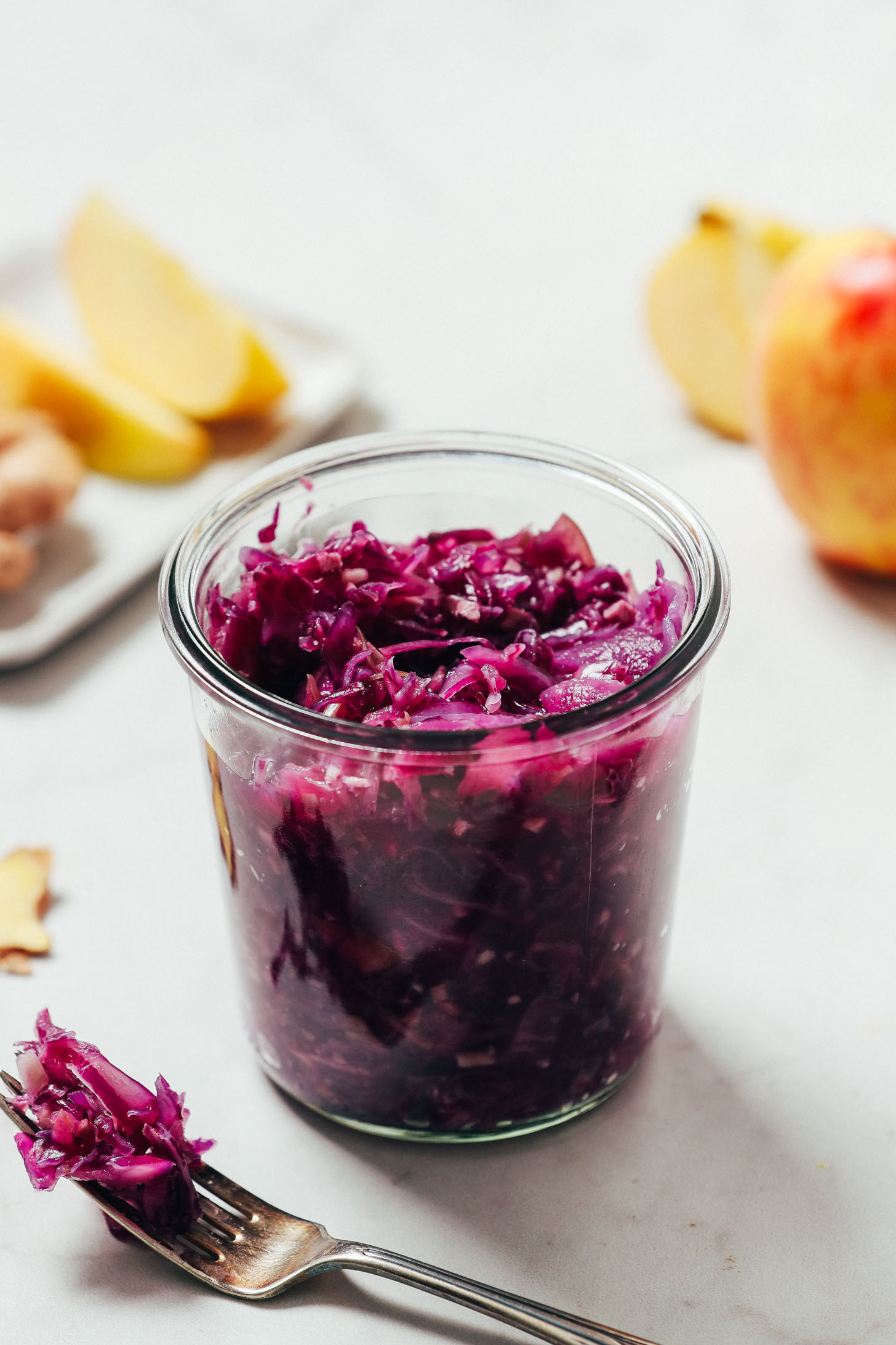 Jar and fork with Gingery Apple Cabbage Sauerkraut