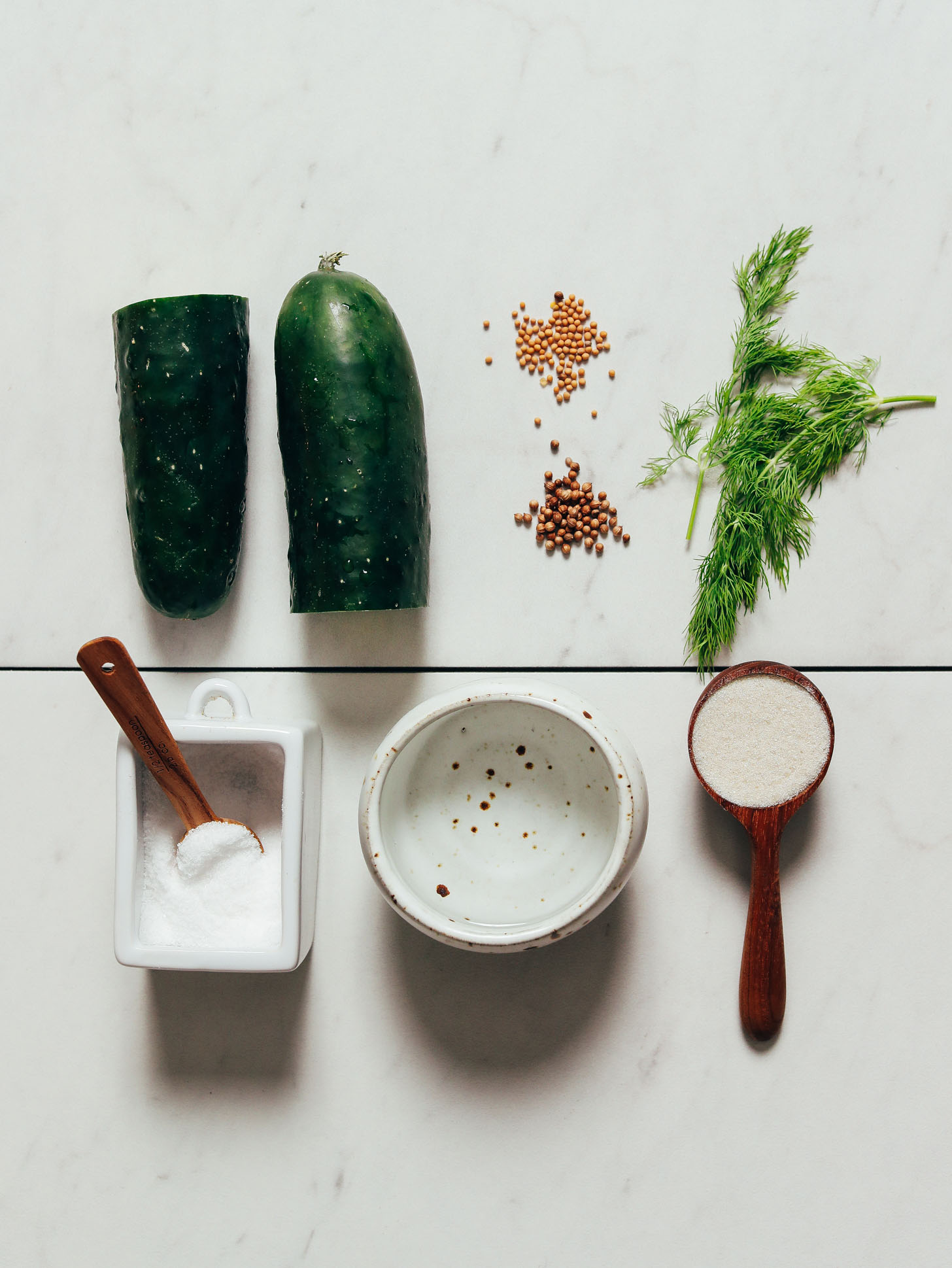 Cucumber, dill, mustard seeds, coriander seeds, and other ingredients for making Refrigerator Pickles