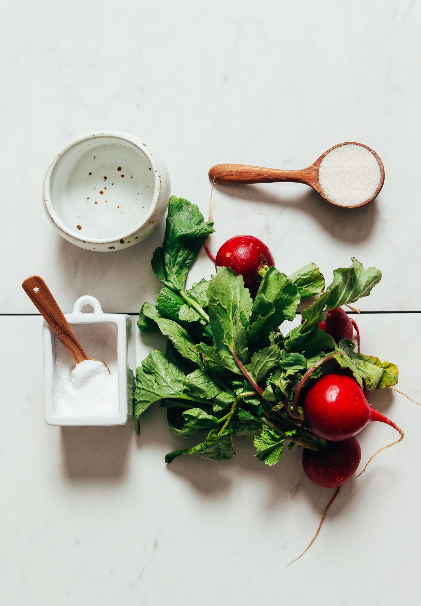 Fresh radish, sugar, salt, and vinegar for making Quick Pickled Radishes
