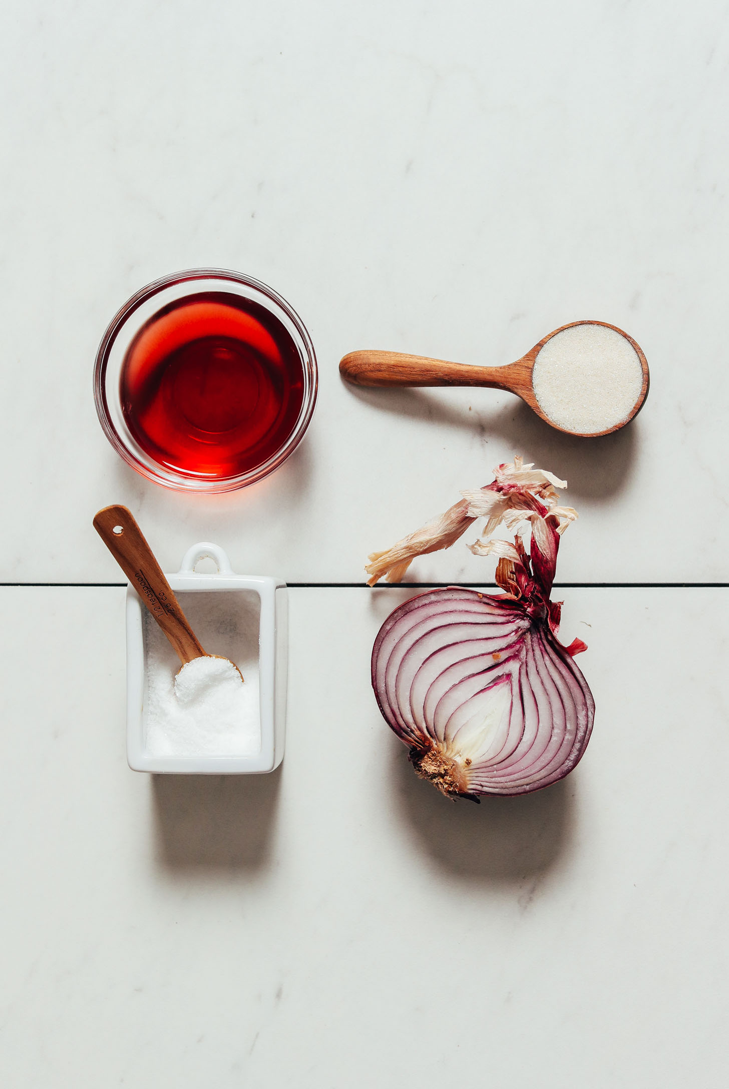 Red onion, vinegar, salt, and sugar for making Quick Pickled Onions