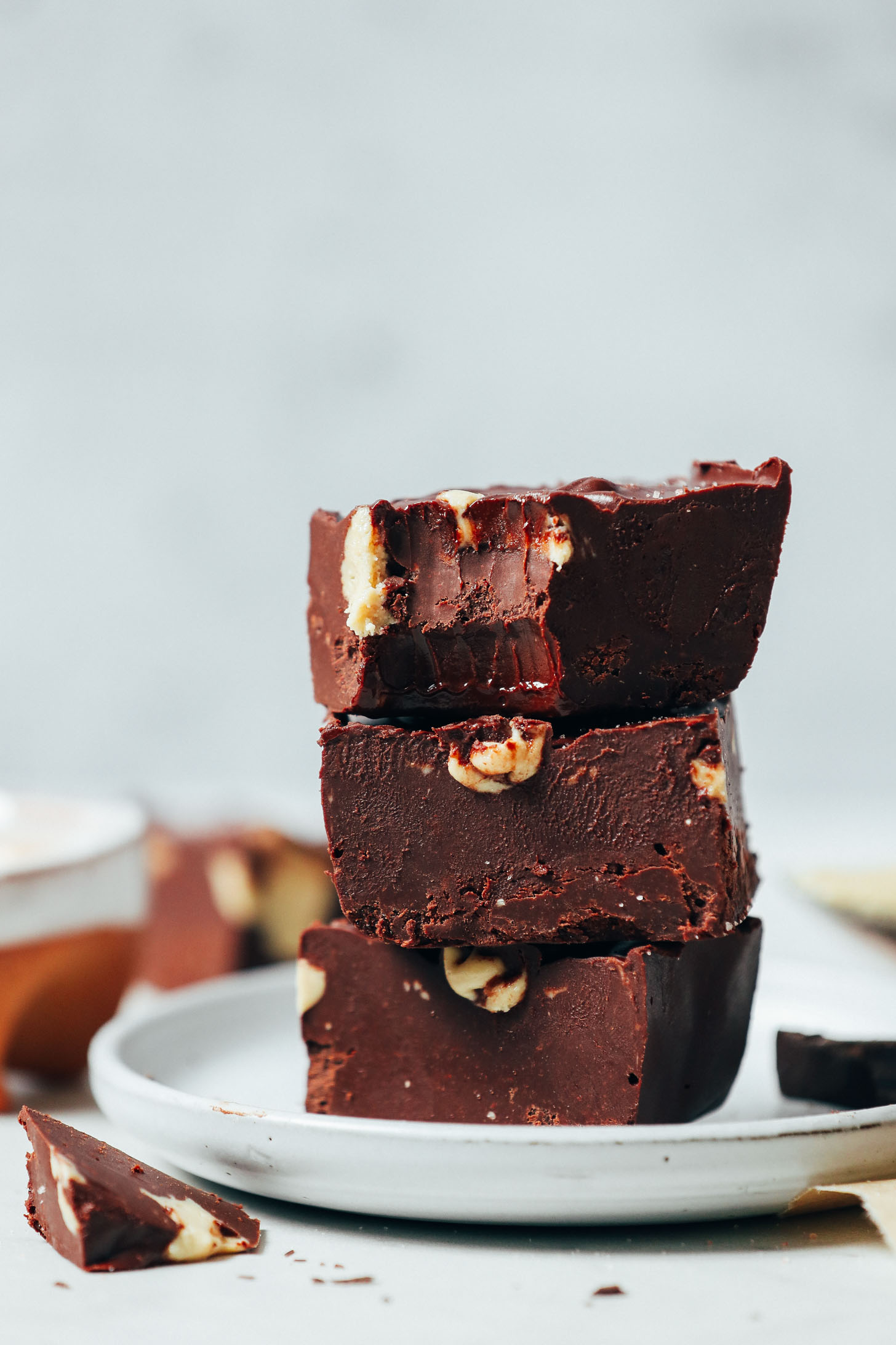 Three chunks of Chocolate Fudge with bits of cashew butter