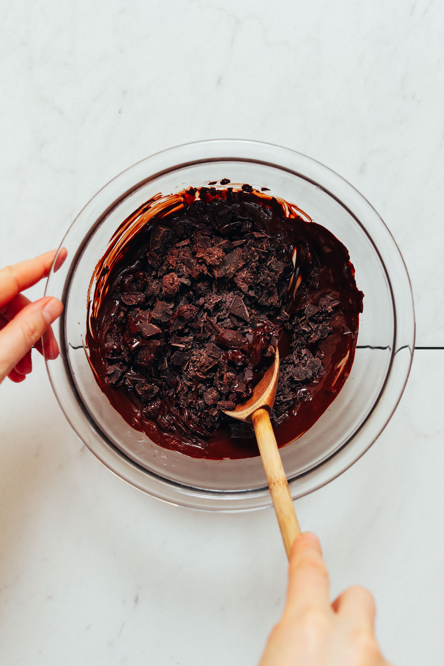 Bowl of partially melted chocolate for making our easy Chocolate Fudge recipe