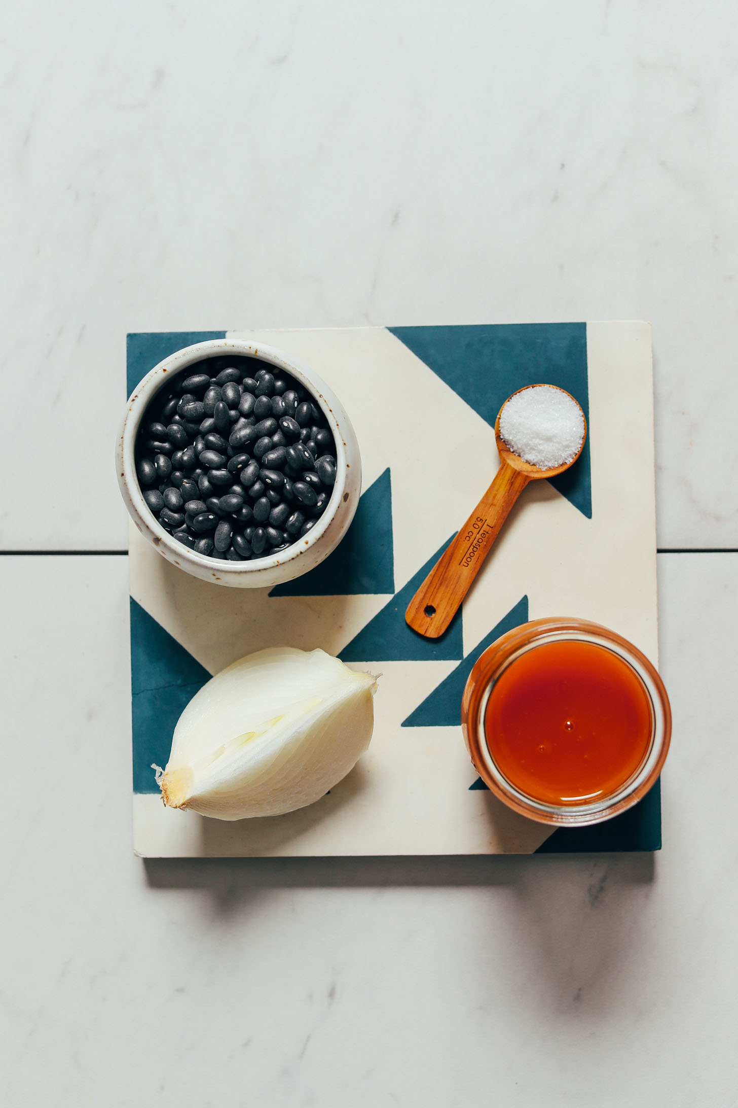 Dry black beans, onion, vegetable broth, and salt for making our Instant Pot Black Beans recipe